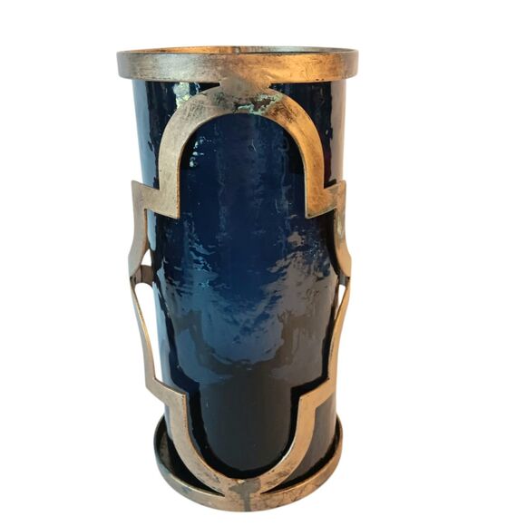 Cobalt Blue Glass and Goldtone Metal Moroccan Style Candleholder Round Cylinder - Picture 2 of 11